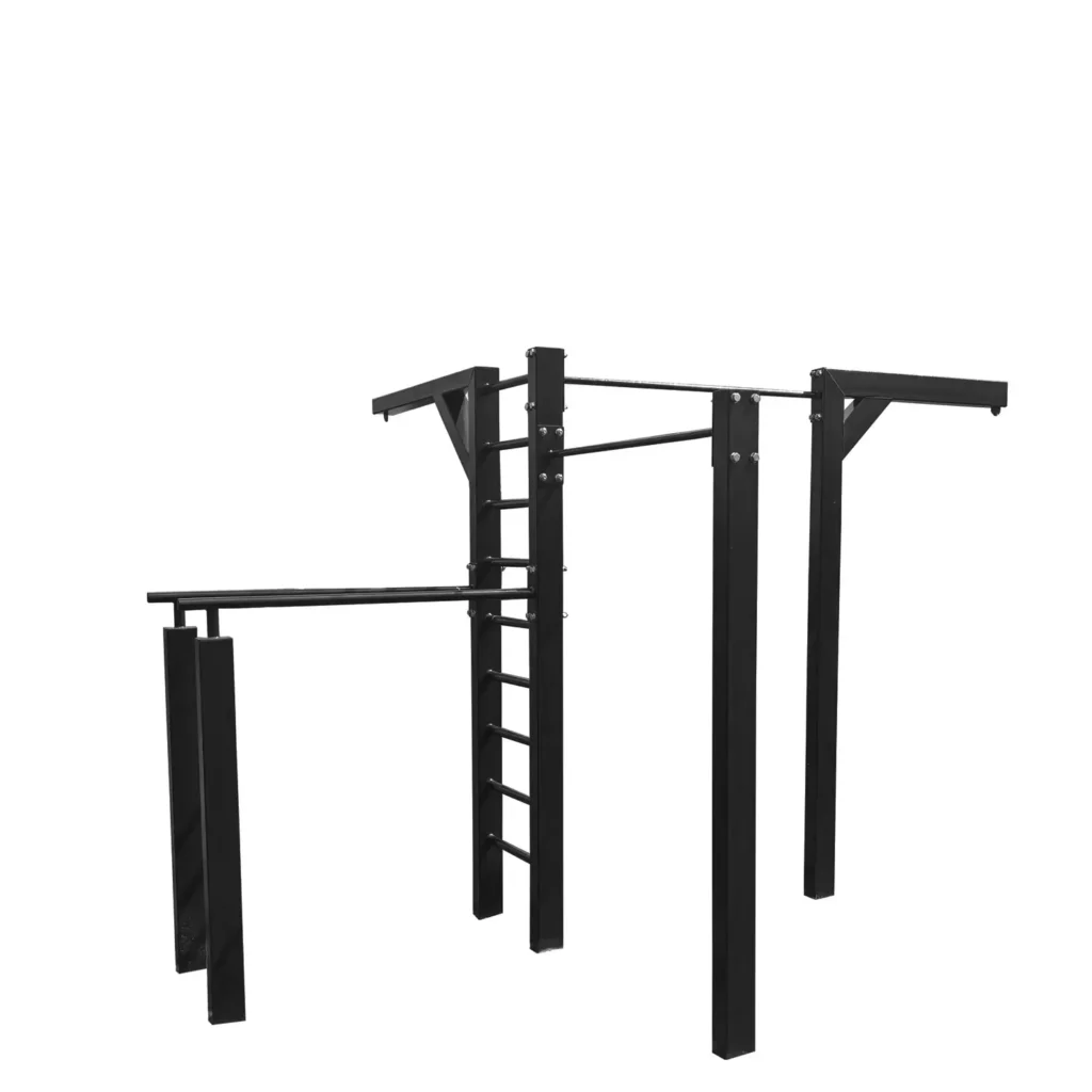 Strength-training exercises workout station with outdoor fitness equipment featuring multiple bars, a ladder, and a stable frame for pull-ups, dips, and various bodyweight exercises.