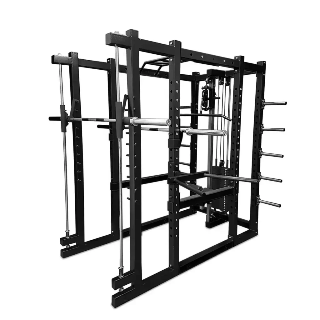 Multi-functional power rack in black frame featuring weight plate holders, pull-up bar, and adjustable safety bars for the best squat rack experience.