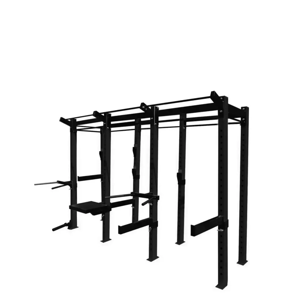 Power station crossfit rack with yellow steel frames and black attachments, including pull-up bars, dip bars, safety spotters, and a step platform, designed as versatile equipment for strength training in gyms.