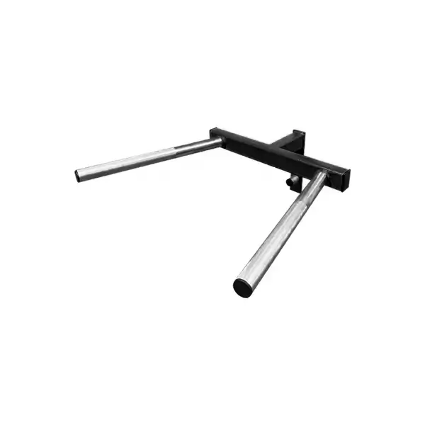 A standalone red and silver dip bar attachment for power racks featuring strong steel construction for bodyweight workouts. This compact and versatile piece of equipment is ideal for strength-training exercises and a good home gym equipment option for dip-based training.