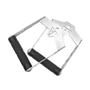 A detailed close-up of equipment for weight training handle’s knurled grip, highlighting its textured surface for enhanced grip and comfort. The steel construction is built for long-term durability and efficient performance in strength training exercises.