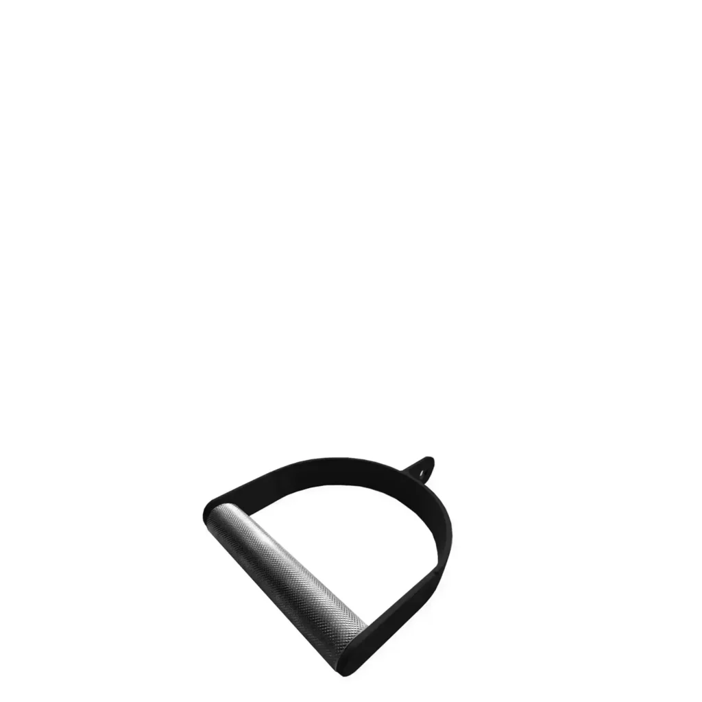 A standalone, D-shaped equipment for weight training handle made of high-quality steel. The knurled metal grip ensures a firm hold during exercises, and the heavy-duty frame is built for intense weightlifting routines. The handle includes a mounting hole for secure machine attachment.