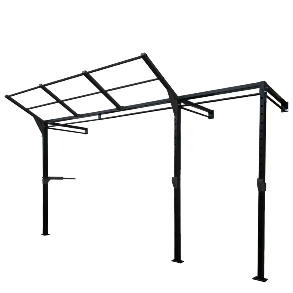 Wall-mounted workout rack with a black steel frame and silver pull-up ladder, designed as durable equipment for strength training, including pull-ups, muscle-ups, and suspension exercises.