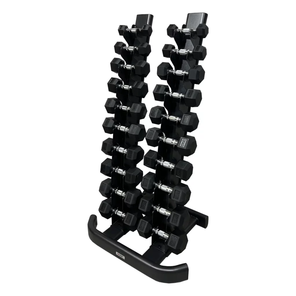 A sturdy dumbbell rack holding multiple pairs of black hex dumbbells, designed for strength training in commercial gyms and home fitness environments.