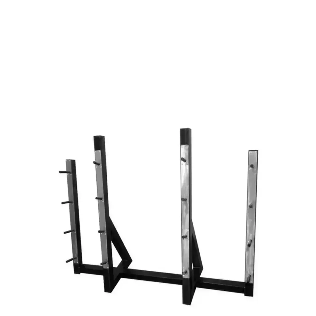 A black gym equipment weight rack for home gym use, designed to store barbells and weight plates. The high-quality steel frame features multiple storage pegs and reinforced vertical supports for stability and durability.