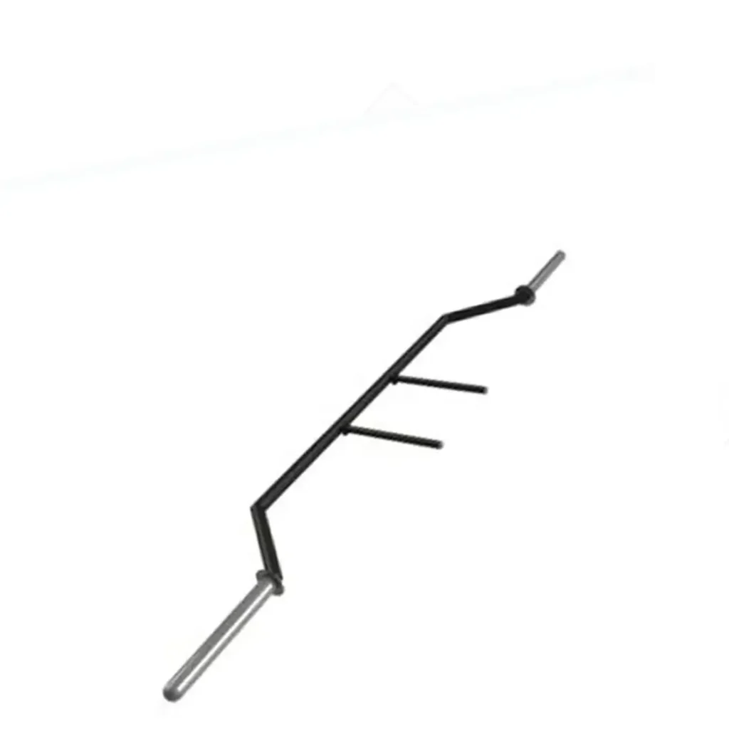 A uniquely designed specialty barbell with angled grips and an extended metal frame, featuring a black finish with silver sleeve ends. This barbell is ideal for strength-training exercises, offering enhanced control and versatility for users in commercial gyms and home fitness setups.