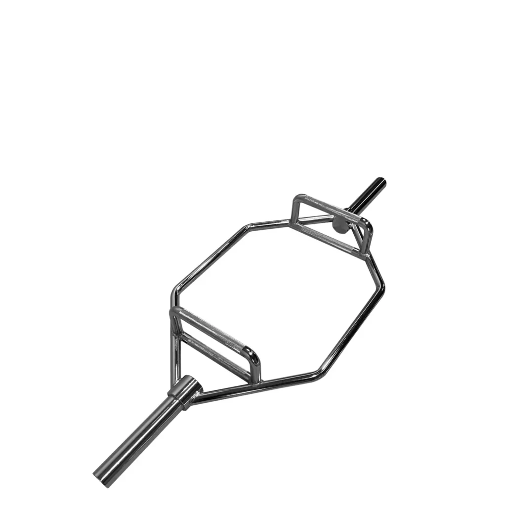 A high-quality hex bar designed for strength-training exercises. The image shows a chrome-plated hexagonal bar with a built-in handle, featuring a robust steel structure, perfect for deadlifts and squats in a gym setup.
