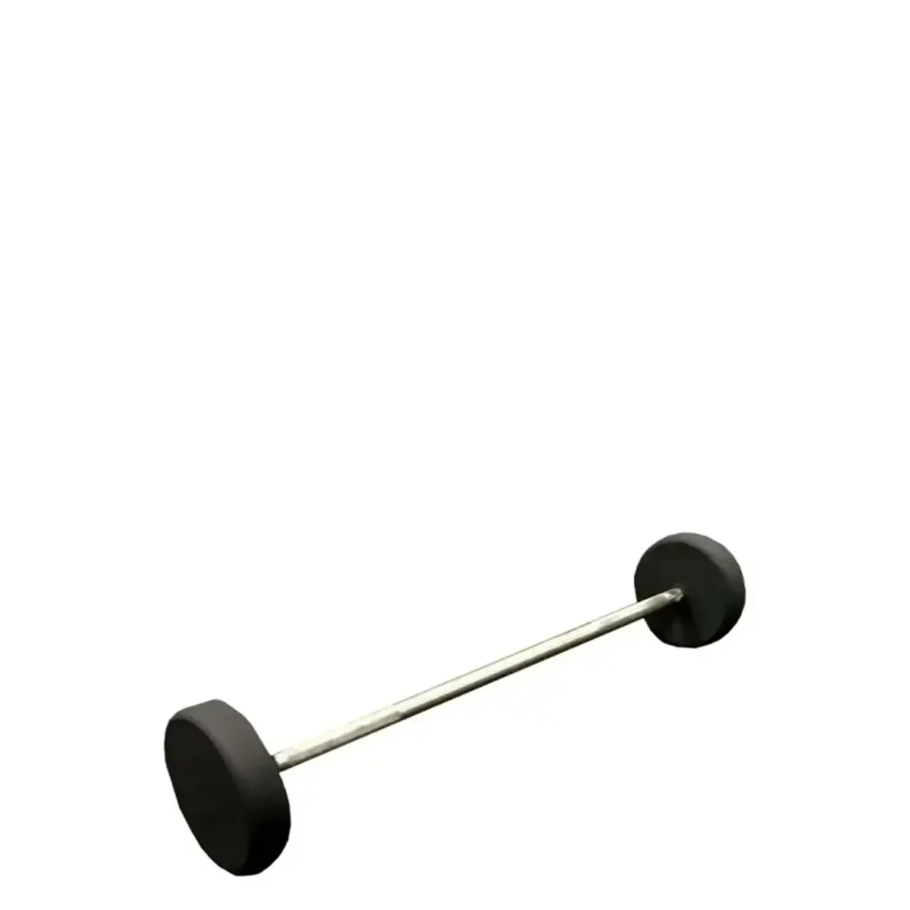 A close-up view of a black fixed-weight barbell with a steel handle and rubber-coated weight plates. This durable piece of equipment is designed for strength-training exercises and is suitable for both commercial gyms and home fitness workouts.