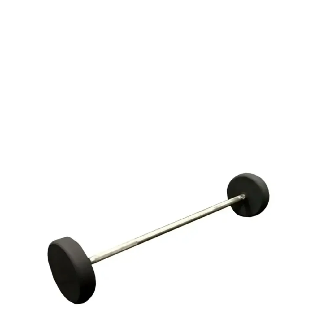 A close-up view of a black fixed-weight barbell with a steel handle and rubber-coated weight plates. This durable piece of equipment is designed for strength-training exercises and is suitable for both commercial gyms and home fitness workouts.