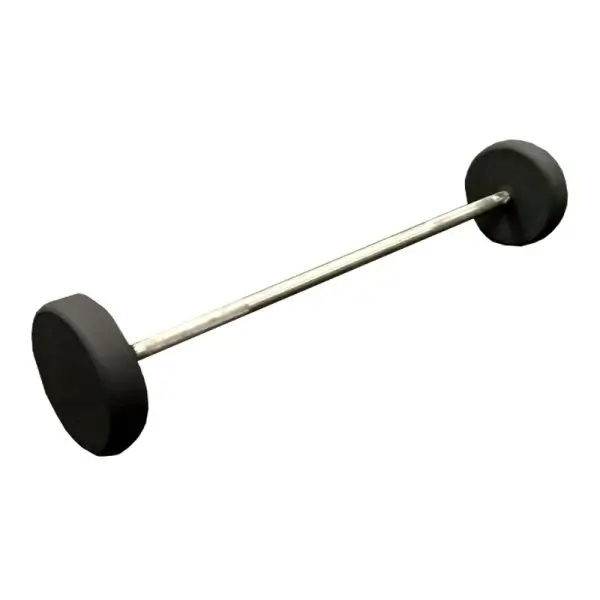 A close-up view of a black fixed-weight barbell with a steel handle and rubber-coated weight plates. This durable piece of equipment is designed for strength-training exercises and is suitable for both commercial gyms and home fitness workouts.