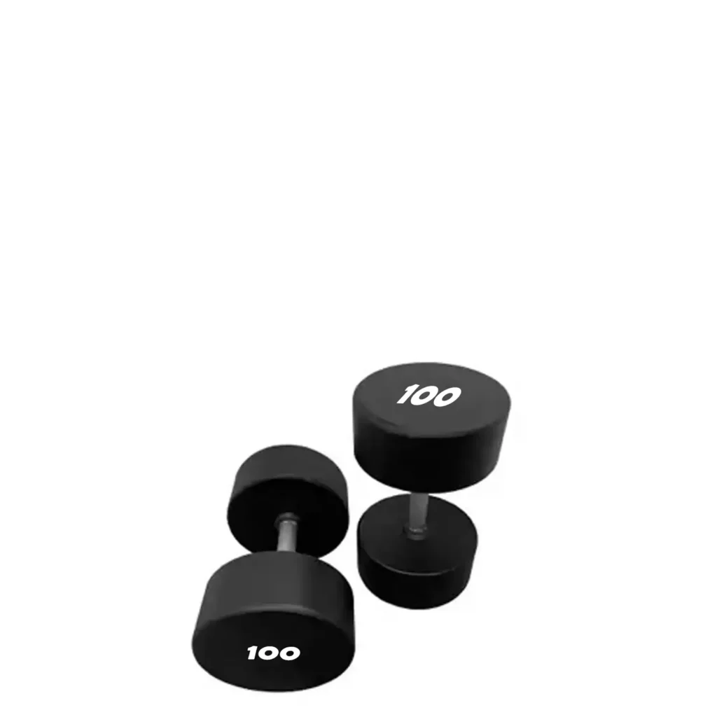 A pair of black rubber-coated dumbbells with "45" printed on the sides, featuring sturdy metal handles. These durable weights are ideal for strength-training exercises, making them suitable for both commercial gyms and home fitness setups.