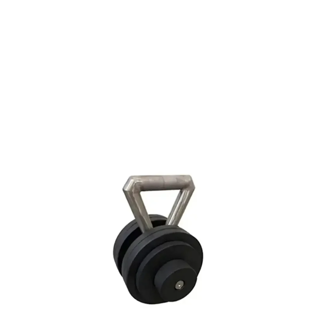 A close-up side view of a heavy-duty metal kettlebell featuring a sturdy steel handle and stackable weight plates. Designed for intense strength-training exercises, this kettlebell is a great addition to both commercial gyms and home fitness setups.