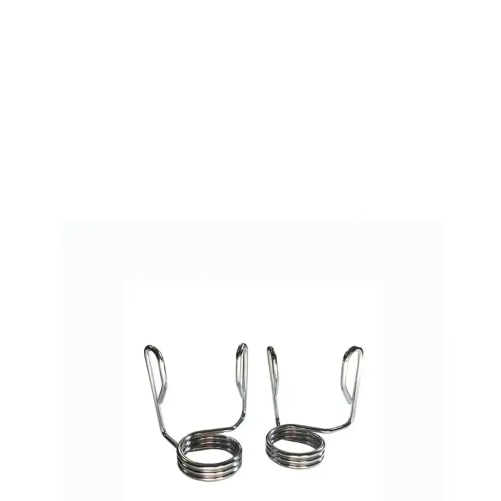 A set of two heavy-duty weight collars with a spring mechanism, designed to keep weight plates securely in place during lifts. These essential accessories are ideal for equipment for weight training in both commercial gyms and home fitness setups.