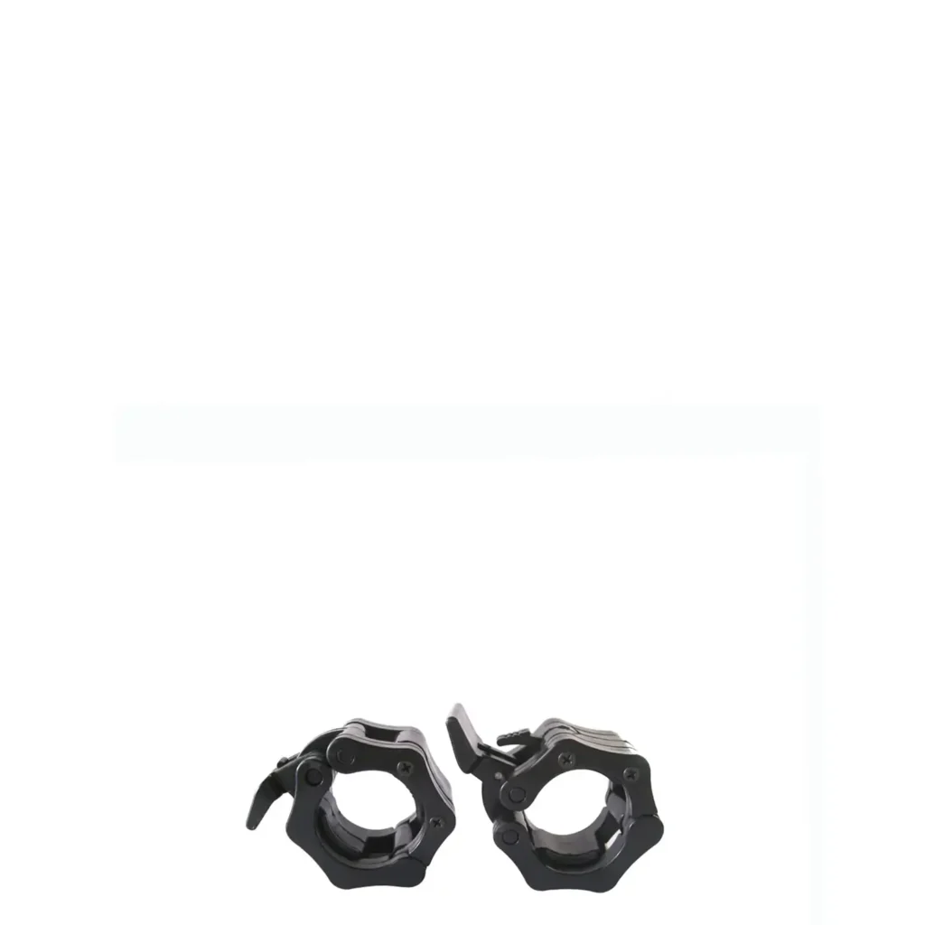 A pair of black locking barbell collars designed for securely fastening weight plates on a barbell. These durable quick-release clamps provide stability during workouts, making them an essential accessory for equipment for weight training in commercial gyms and home fitness setups.