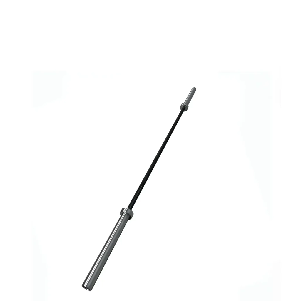 Close-up of the knurled black shaft of an Olympic barbell, showcasing its textured grip for enhanced control. This equipment for weight training is designed for heavy lifting and professional use.