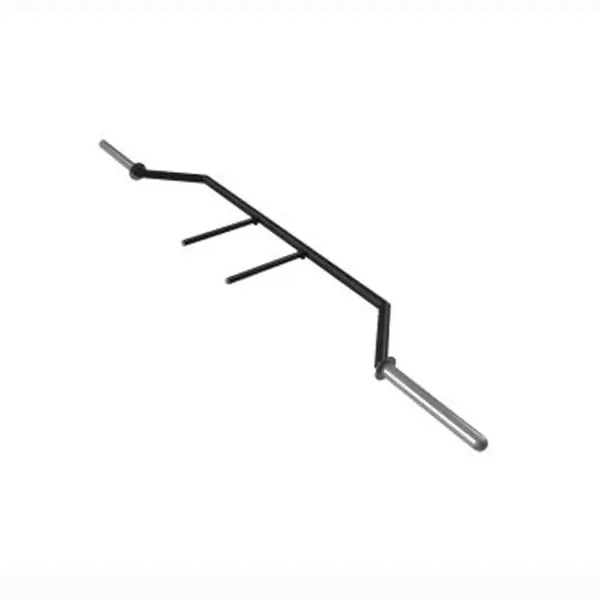 A uniquely designed specialty barbell with angled grips and an extended metal frame, featuring a black finish with silver sleeve ends. This barbell is ideal for strength-training exercises, offering enhanced control and versatility for users in commercial gyms and home fitness setups.