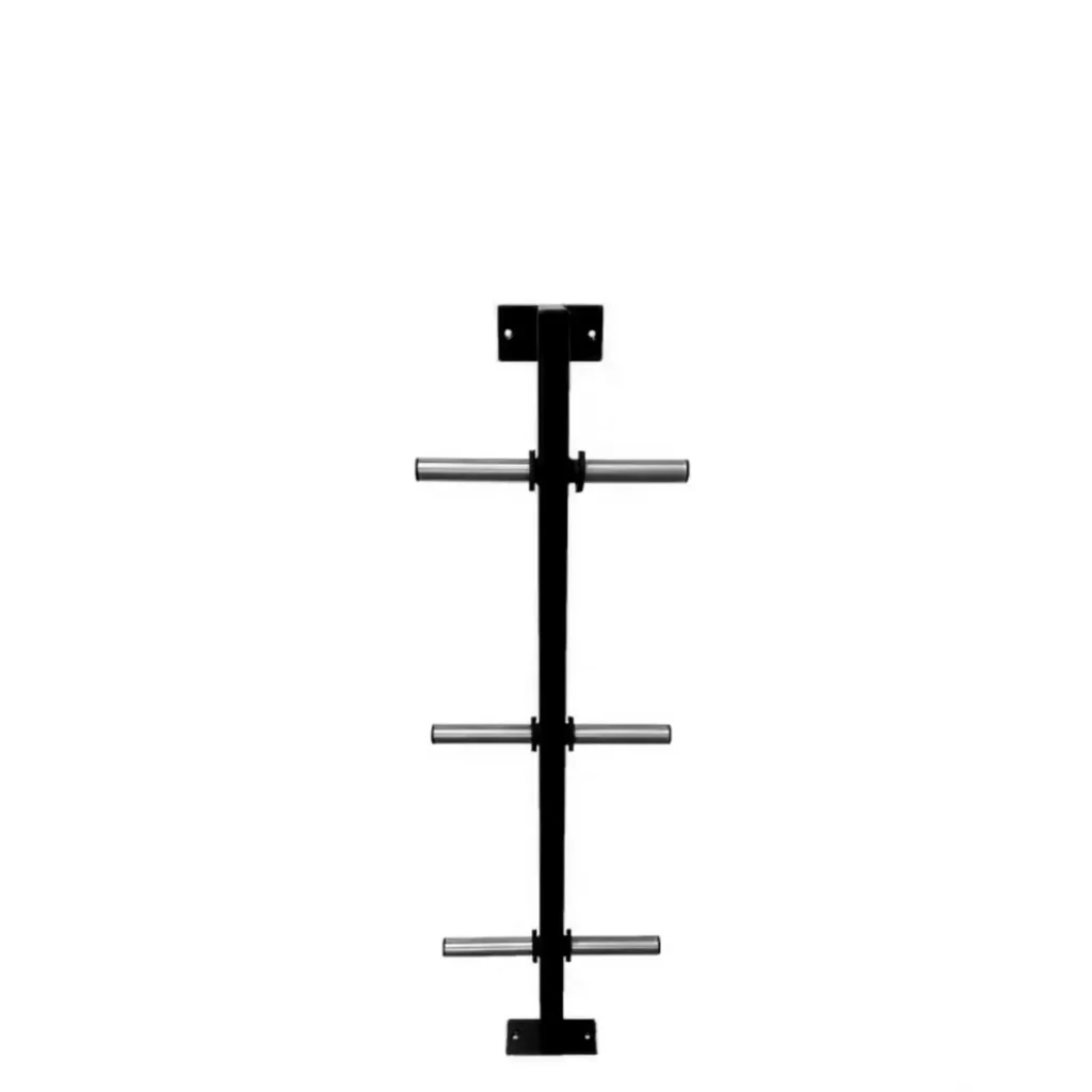 A black steel plate rack for commercial gyms, with four horizontal weight plate holders. The high-quality steel structure is built for long-term use, keeping gym spaces organized and weight plates easily accessible.