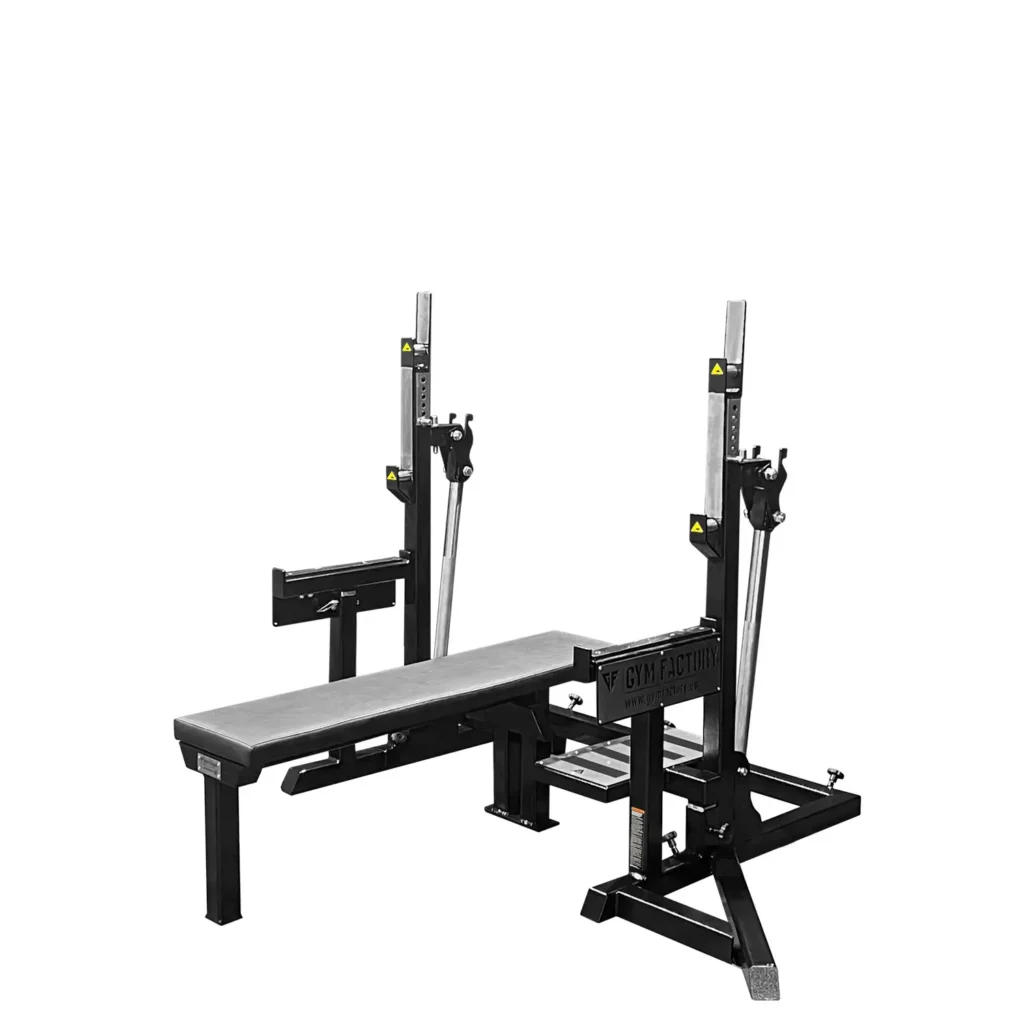 Full Competition Bench Press station featuring an integrated flat bench and barbell support, ideal for precision gym equipment and advanced strength-training exercises.