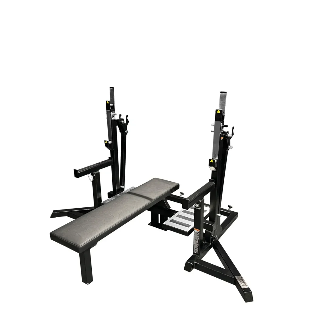 Full Competition Bench Press station featuring an integrated flat bench and barbell support, ideal for precision gym equipment and advanced strength-training exercises.