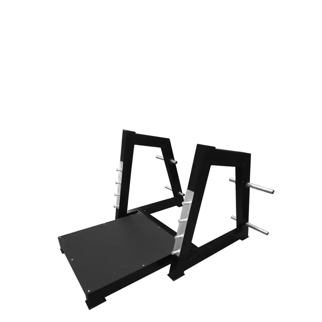 The B10 Lifting Platform is a durable piece of gym equipment for strength training, featuring a solid lifting surface and integrated barbell holders for intense weightlifting sessions.