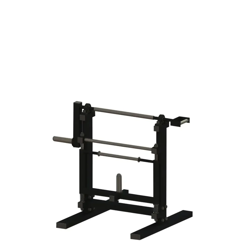 Front view of the I3X Finger and Forearm Machine, a compact gym equipment for strength training, built from steel with dual bar guides and central loading pin.