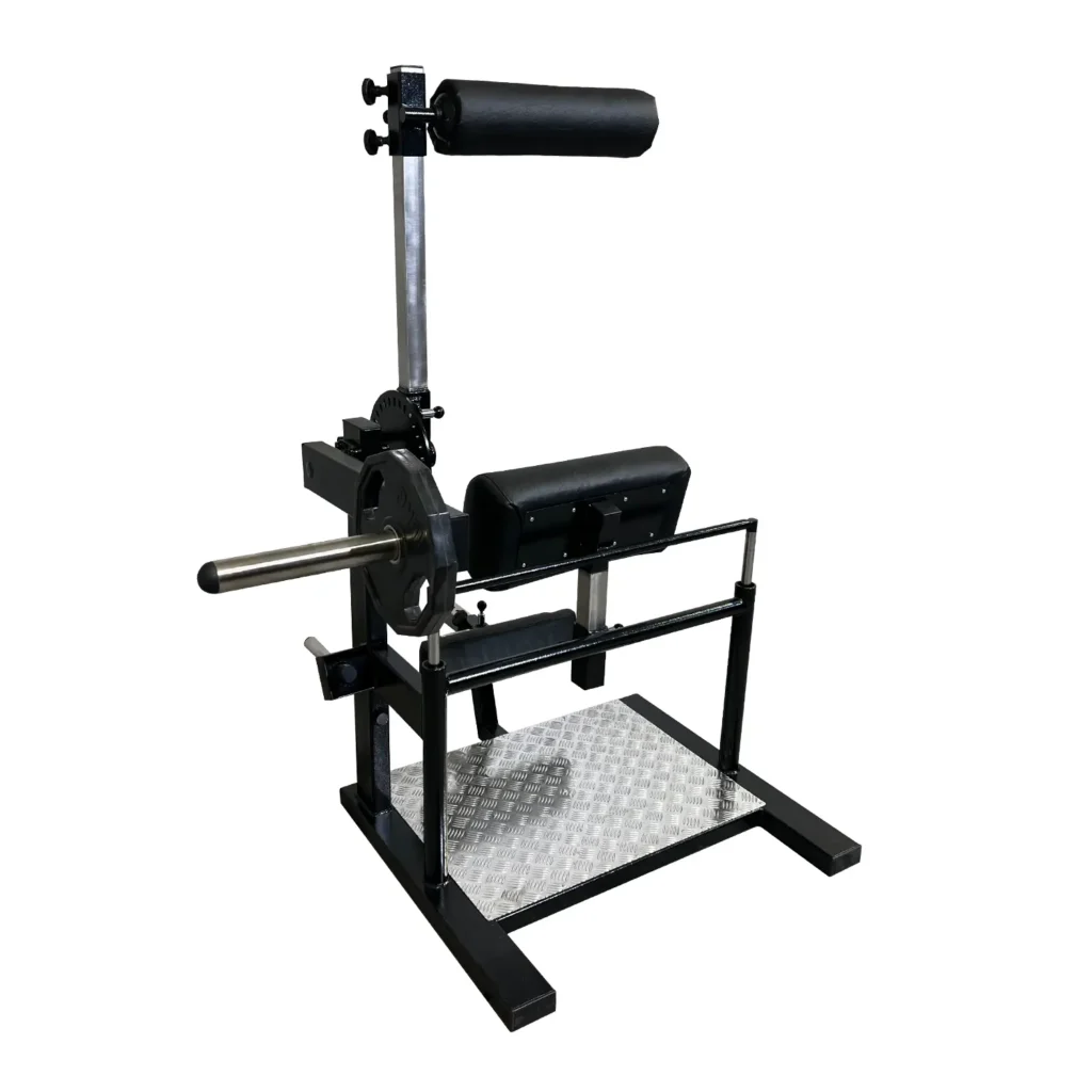 Front view of the L4Y Good Morning Gym Machine showing adjustable pads, weight horns, and textured footplate for secure strength training.