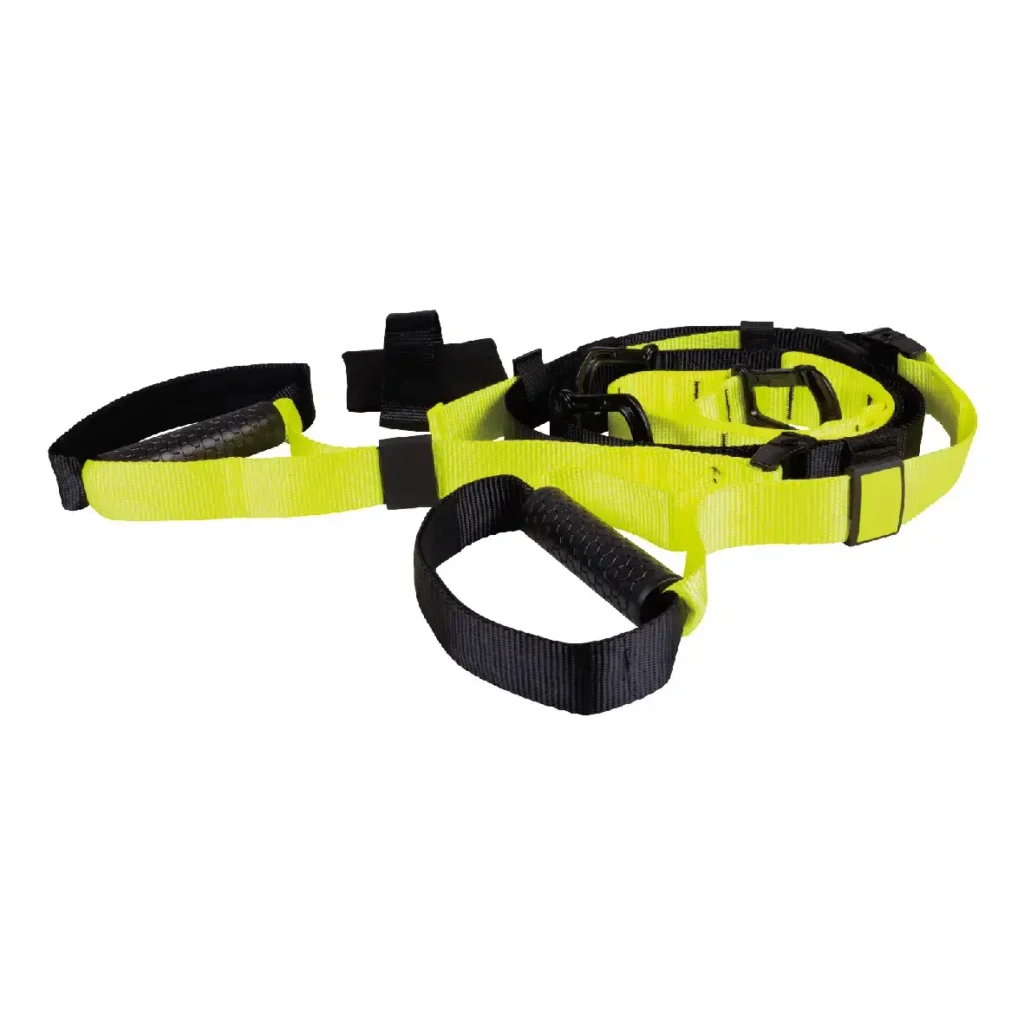 T1 Suspension Straps gym equipment in black and neon yellow, designed for bodyweight training and strength-training exercises using durable handles and adjustable straps.