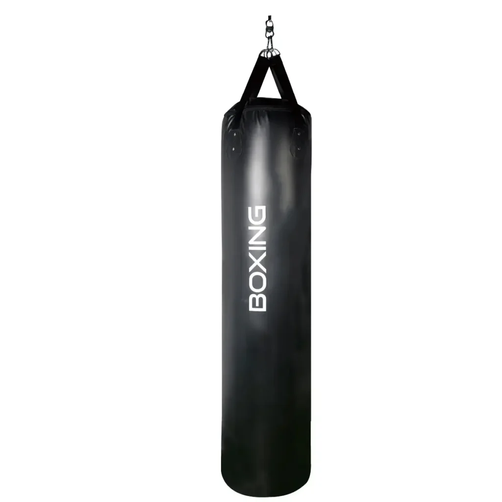 Black TG-10 Boxing Bag with hanging straps, designed for combat training, strength workouts, and full-body conditioning using gym equipment.