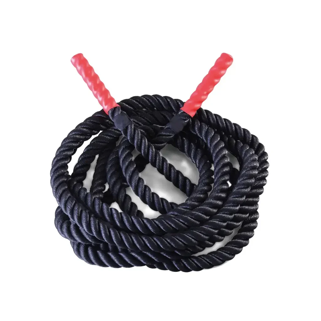 TG-11 Battle Rope coiled with red handles, designed for full-body strength-training exercises, bodyweight training, and high-intensity gym workouts.