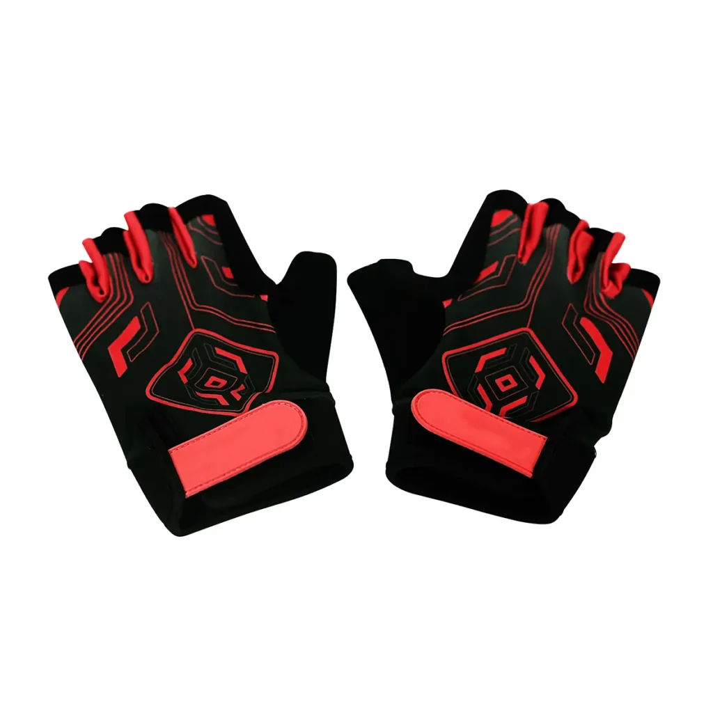 TG-22 Weight Lifting Fitness Gloves in black and red, featuring padded palms and fingerless design for better grip during gym workouts and strength-training exercises.