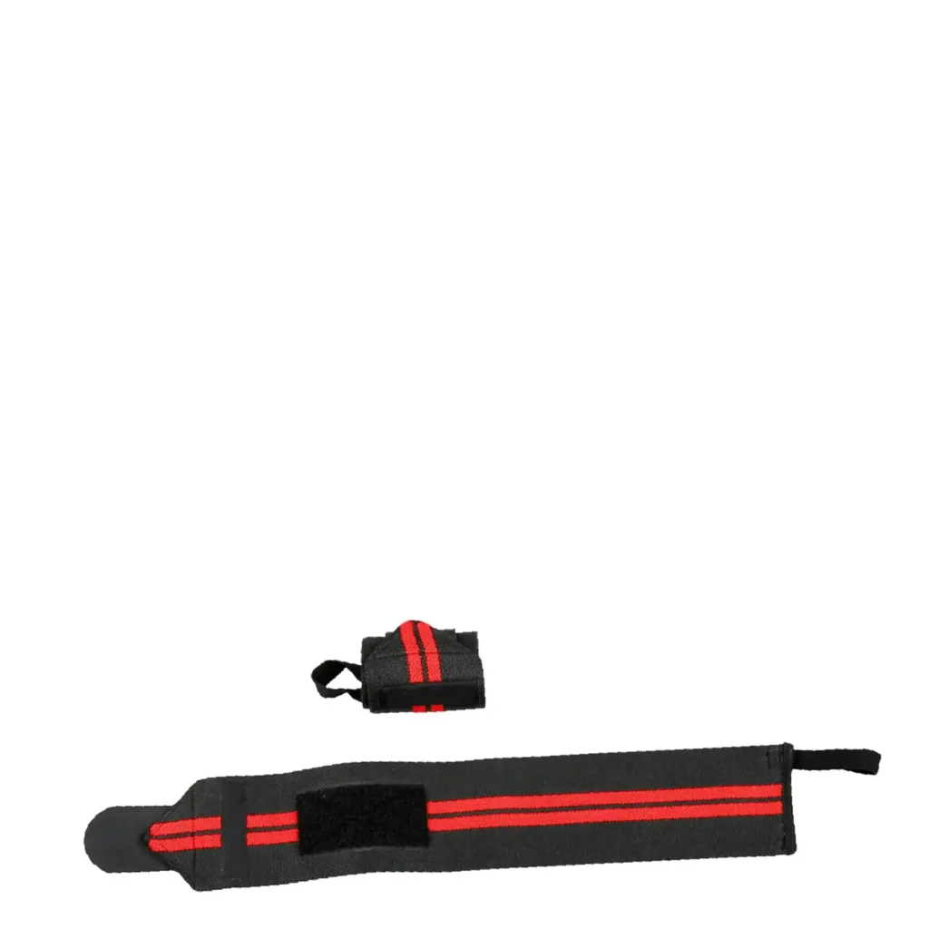 TG-7 Wrist Wrap in black with red stripes, shown rolled and unrolled, used for wrist support during strength-training exercises and bodyweight training.