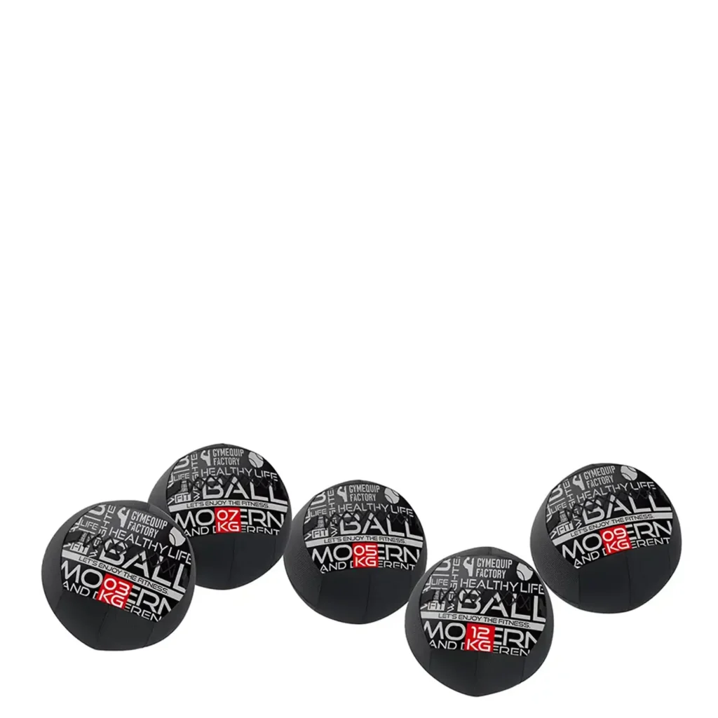 Set of TG-9 Wall Balls in different weights, black with graphic design, used for functional, bodyweight training, and strength-conditioning workouts.