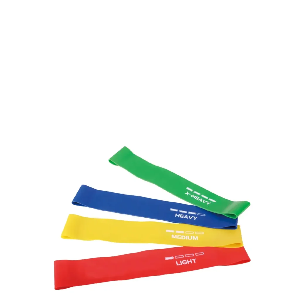 Set of four color-coded TG–1 resistance bands for training, labeled from light to extra heavy, ideal for bodyweight workouts, gym equipment use, and strength training.