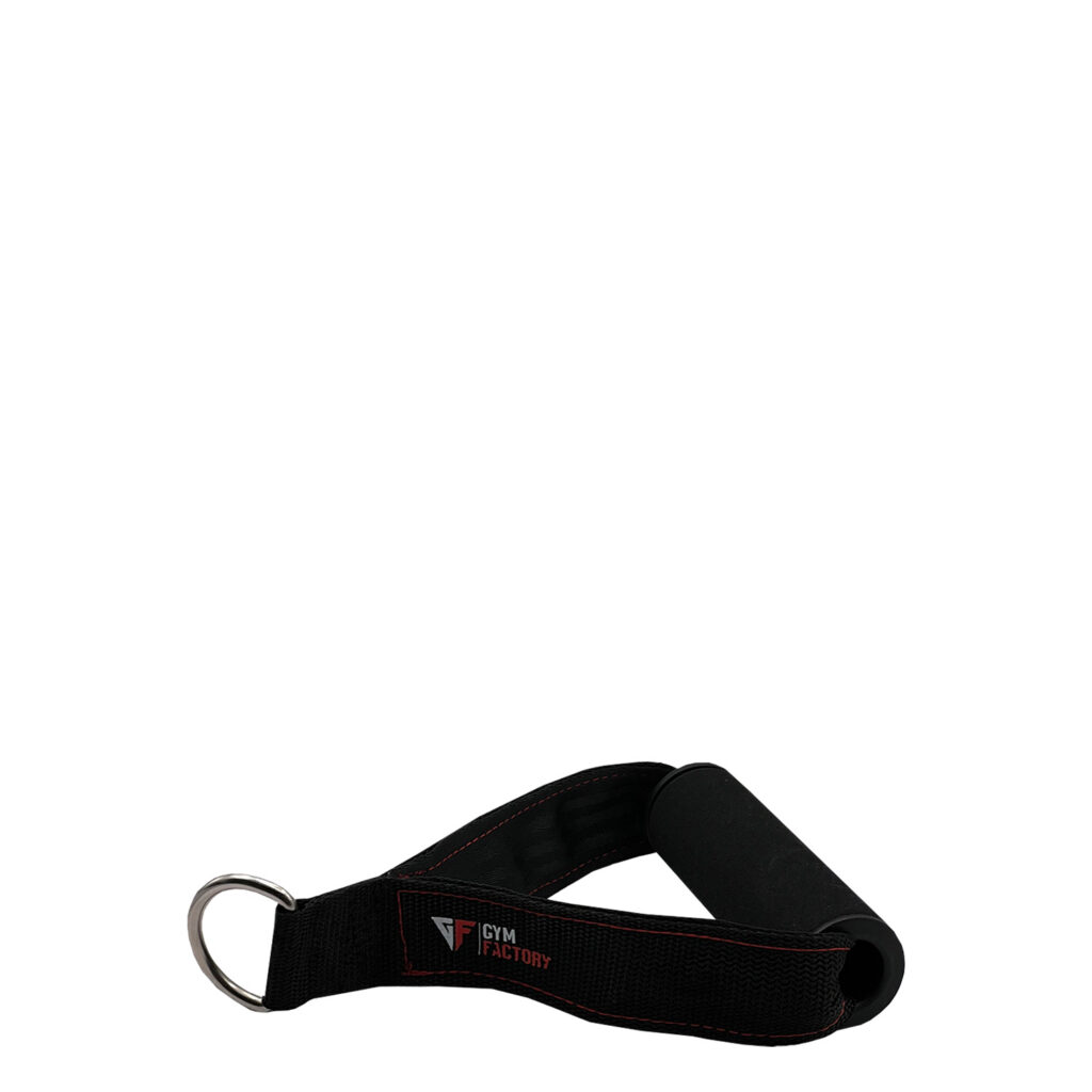Full side view of W8 Handle Attachment showing padded grip, thick webbing, and a chrome D-ring for versatile use with gym equipment.