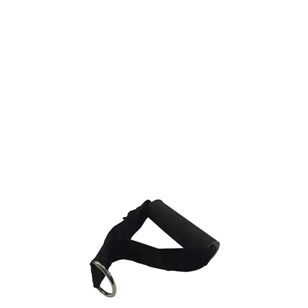 Full side view of W8 Handle Attachment showing padded grip, thick webbing, and a chrome D-ring for versatile use with gym equipment.