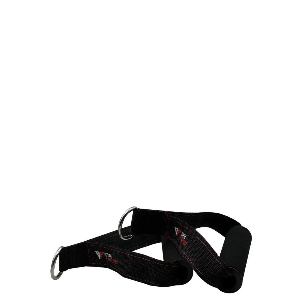 Black W8 Handle Attachment with foam grip and durable strap, featuring a metal D-ring for connecting to gym equipment and cable machines.