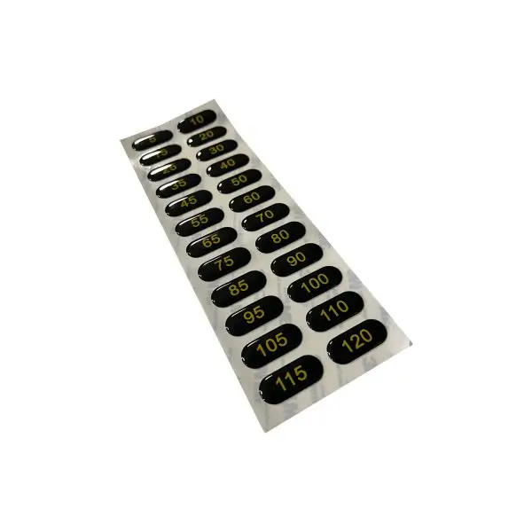 WP-1 Weight Stack Labels for gym equipment showing a full set of black and yellow numeric stickers ranging from 5 to 180 kg, used to mark resistance levels on machines.