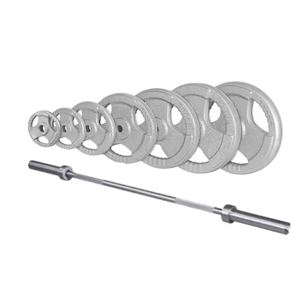 X1-2 Barbell and Weight Plates Set featuring a full range of grey cast iron plates with grip holes and a standard Olympic barbell, ideal equipment for strength training at home or in a professional gym.