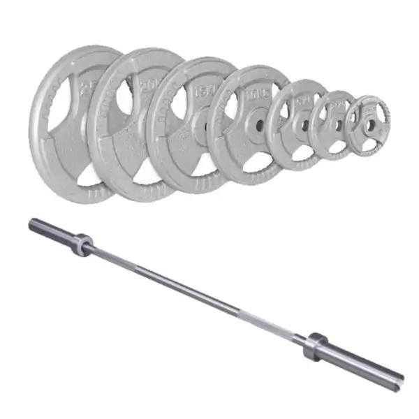 X1-2 Barbell and Weight Plates Set featuring a full range of grey cast iron plates with grip holes and a standard Olympic barbell, ideal equipment for strength training at home or in a professional gym.