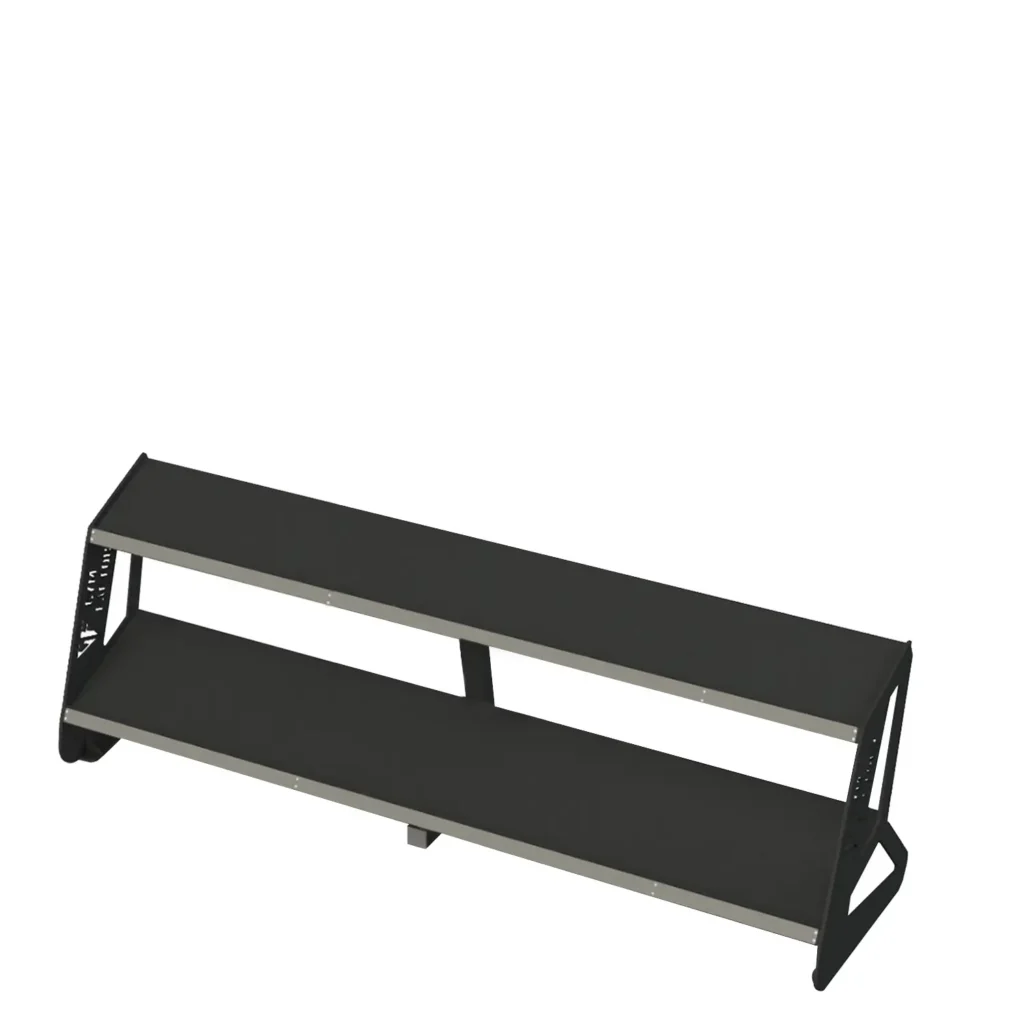 Angled side view of the Z09X2 Dumbbell Rack featuring a high quality steel structure with two-tier shelves for organized weight storage.