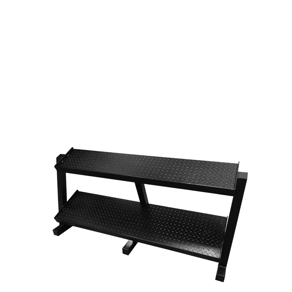 Angled side view of the Z09X2 Dumbbell Rack featuring a high quality steel structure with two-tier shelves for organized weight storage.