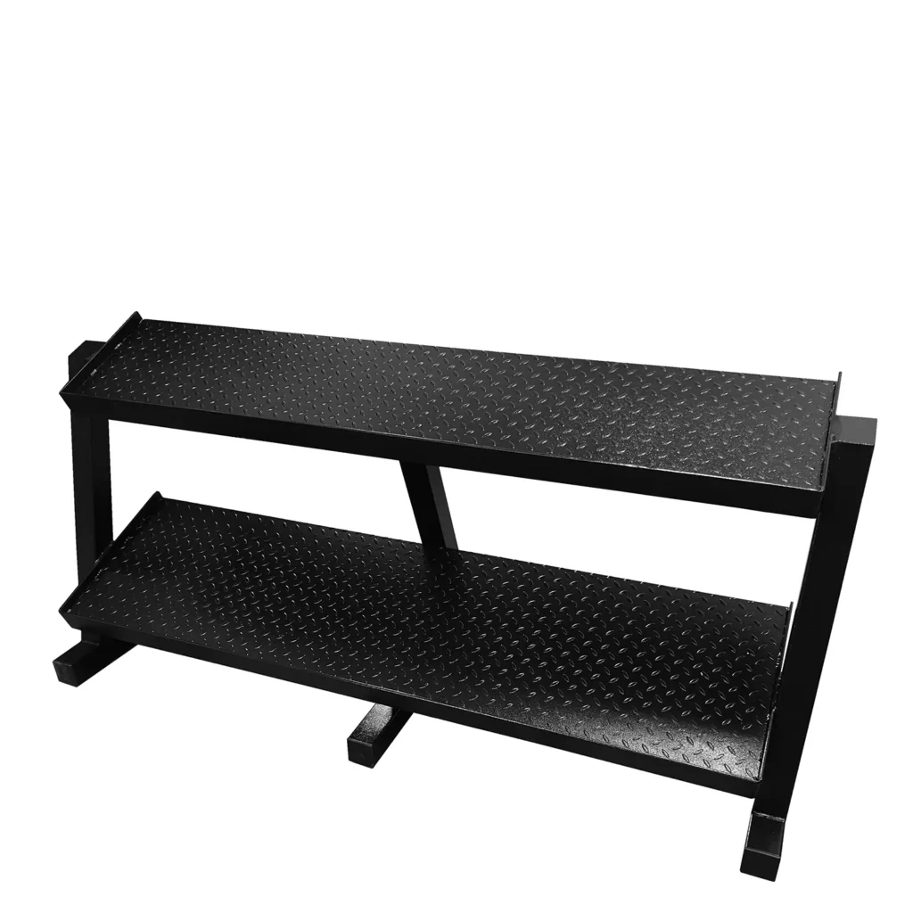 Close-up view of the Z09X2 Dumbbell Rack highlighting its durable, high quality steel structure and anti-slip diamond plate shelves.