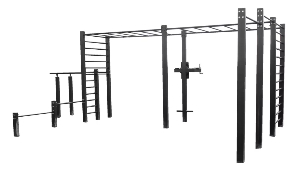 Modular outdoor fitness equipment setup including monkey bars, pull-up bars, and dip stations—ideal for outdoor fitness parks in urban areas.