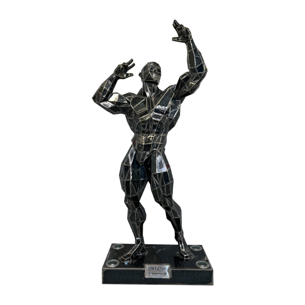 Steel sculpture of a bodybuilder with a faceted, geometric design representing modern sculpture art and physical strength