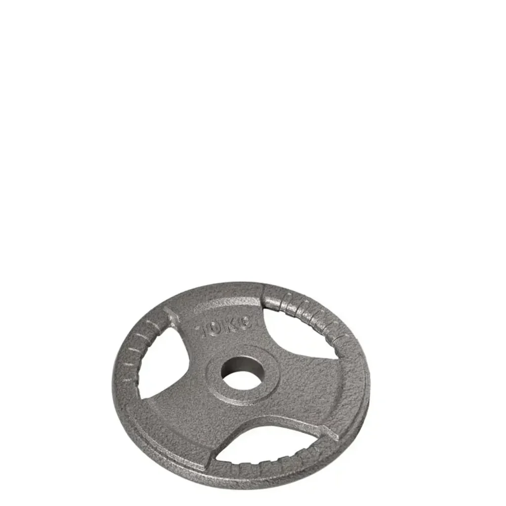 Close-up of a 10 kg round metal plate with three grip handles and a 50mm center hole from the X1 Olympic Weight Plates set, designed as equipment for strength training.