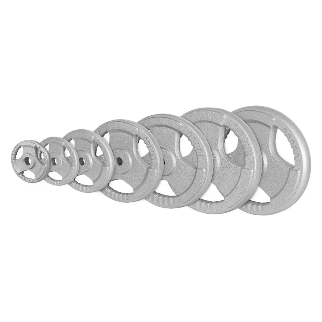 Close-up of a round metal plates with three grip handles and a 50mm center hole from the X1 Olympic Weight Plates set, designed as equipment for strength training.