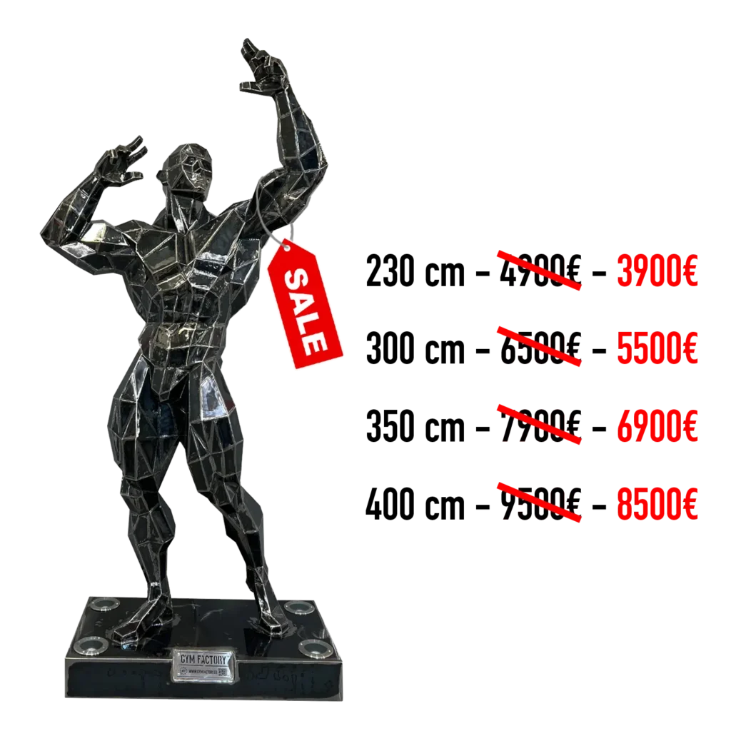 Steel sculpture of a bodybuilder with a faceted, geometric design representing modern sculpture art and physical strength