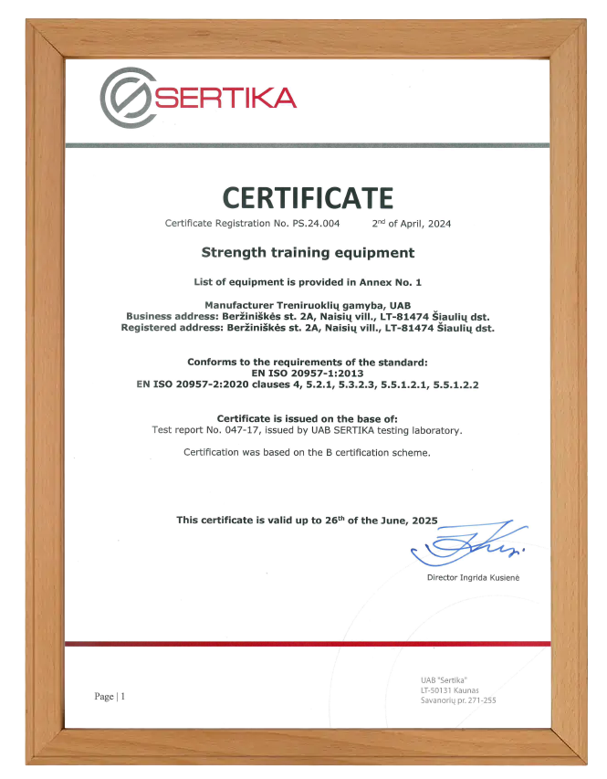 Certification confirming Gym Factory strength machines meet EN ISO 20957 standards