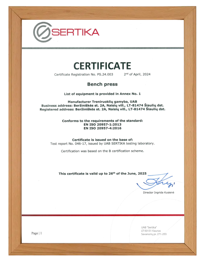 Certification confirming Gym Factory workout benches meet EN ISO 20957 standards