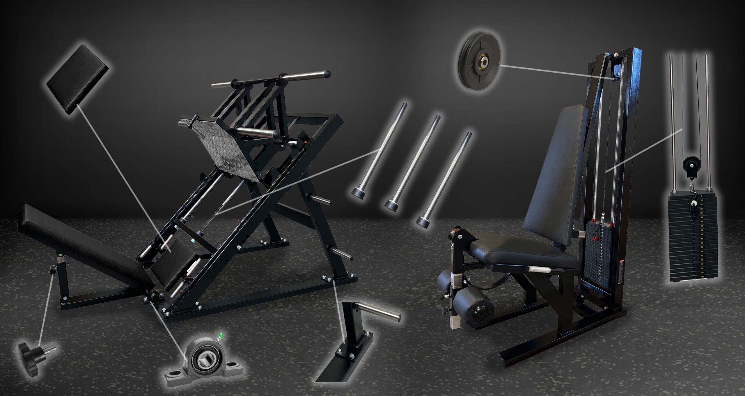 Gym Factory gym equipment parts maintenance – cables, pulleys, bearings, bolts, upholstery and weight stack components